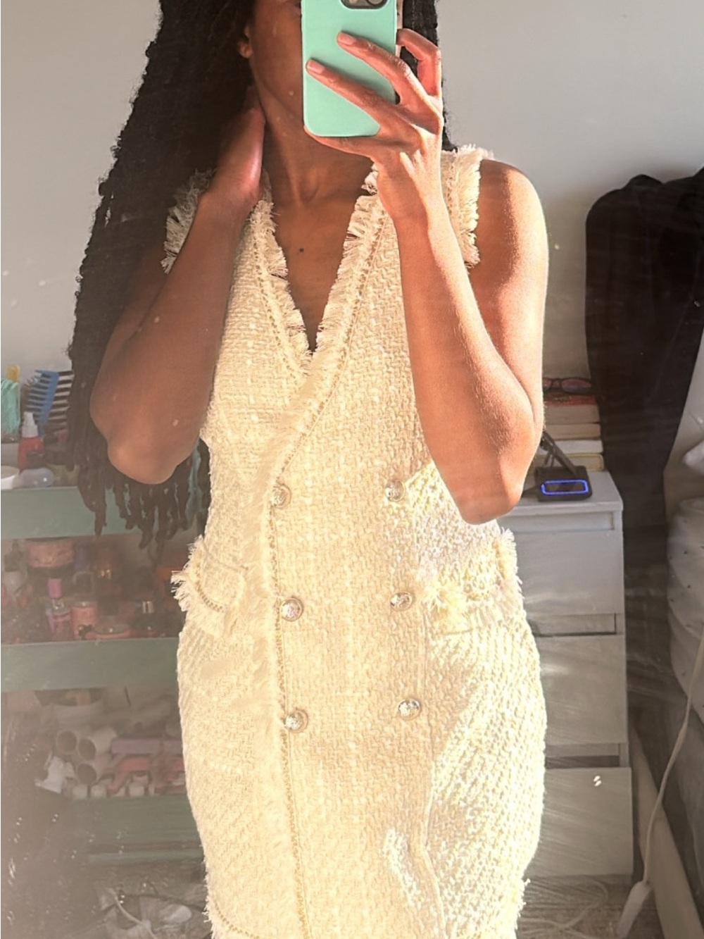 Sleeveless Cream Tweed Double-Breasted Dress